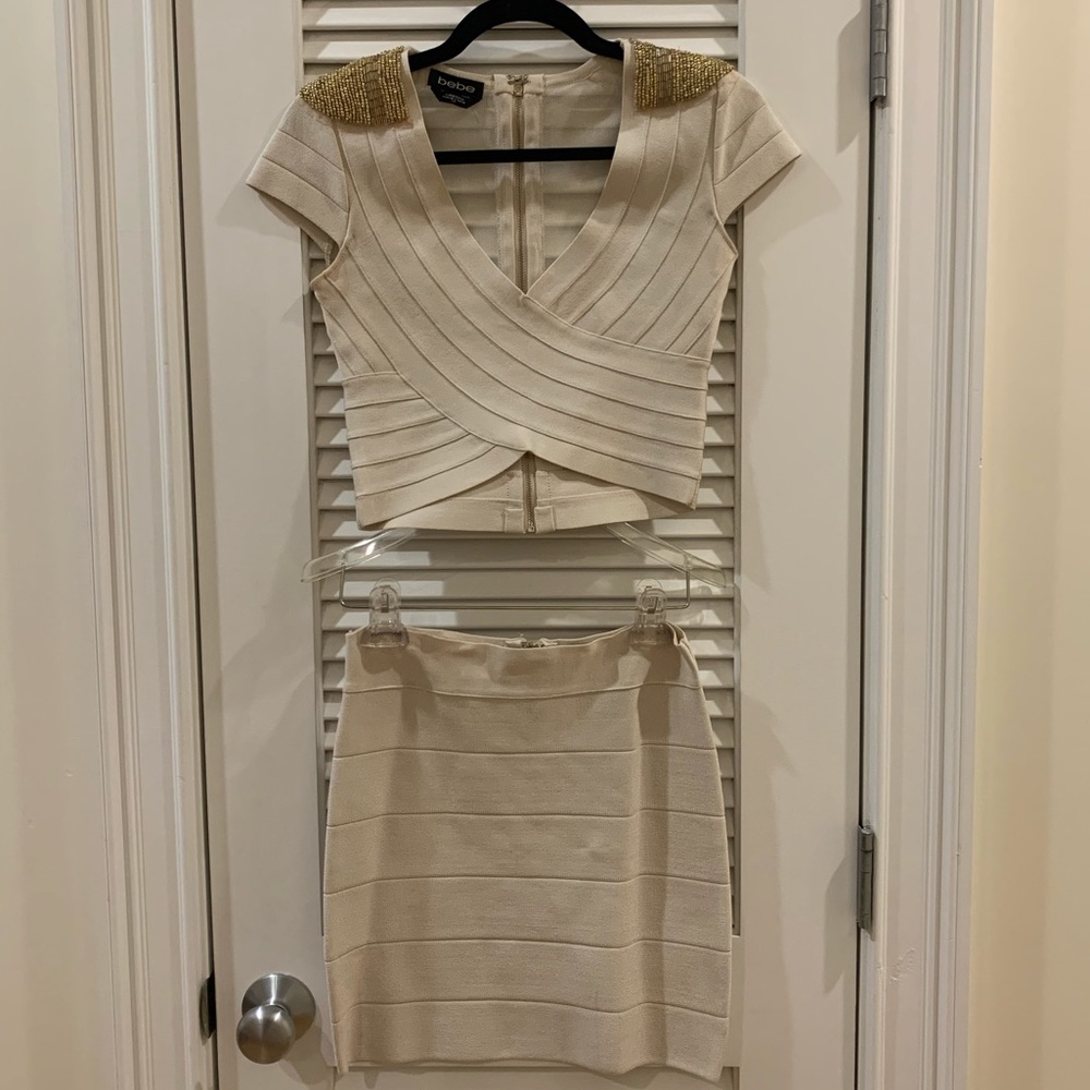 Bebe champagne and gold two piece top and skirt